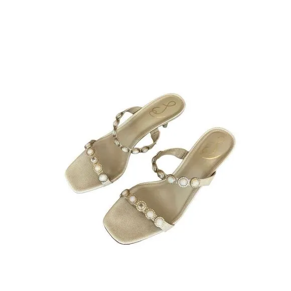 Sam Edelman Women's Cream Pearl Embellishment Palma Kitten Heels Sandal Size 10