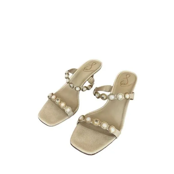 Sam Edelman Women's Cream Pearl Embellishment Palma Kitten Heels Sandal Size 10