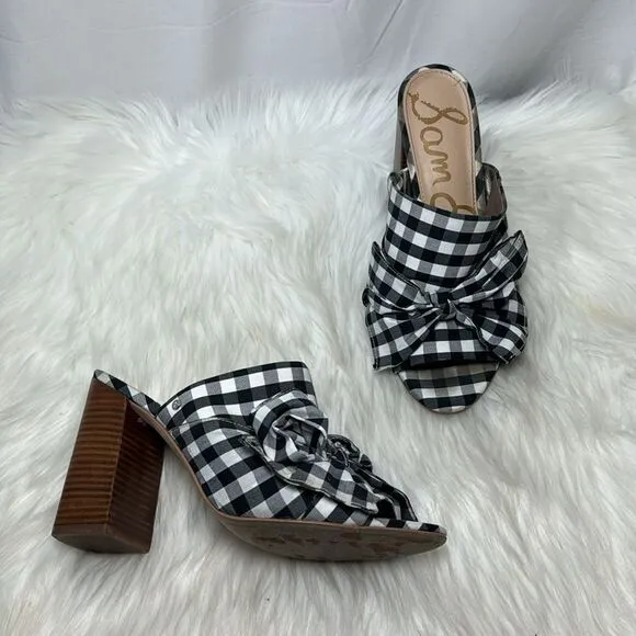 Sam Edelman Yumi Black/White Bow Trim Plaid Mules Sz 9.5