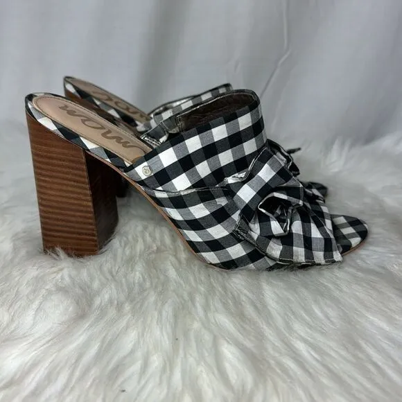 Sam Edelman Yumi Black/White Bow Trim Plaid Mules Sz 9.5