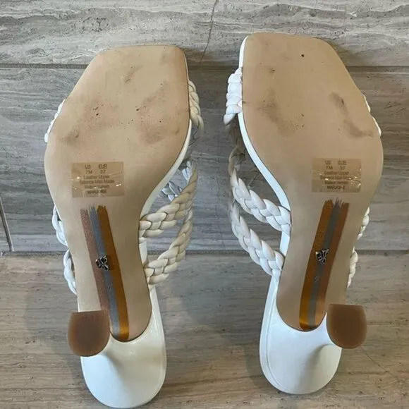 Sam Edelman Marjorie Braided Leather Heels Open Square Toe White Slides US 7 NEW
