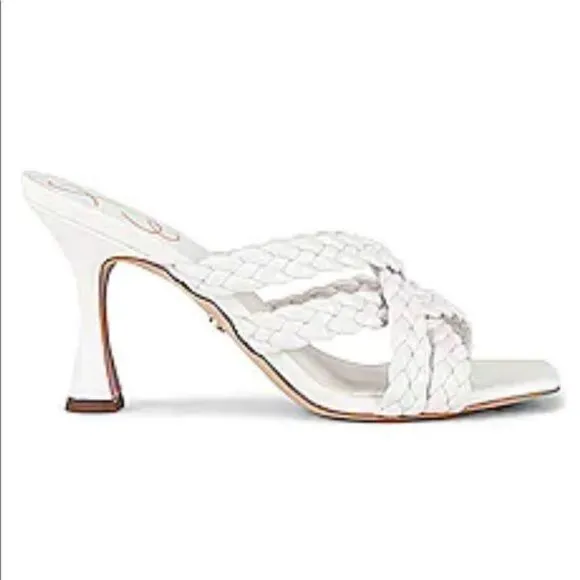 Sam Edelman Marjorie Braided Leather Heels Open Square Toe White Slides US 7 NEW