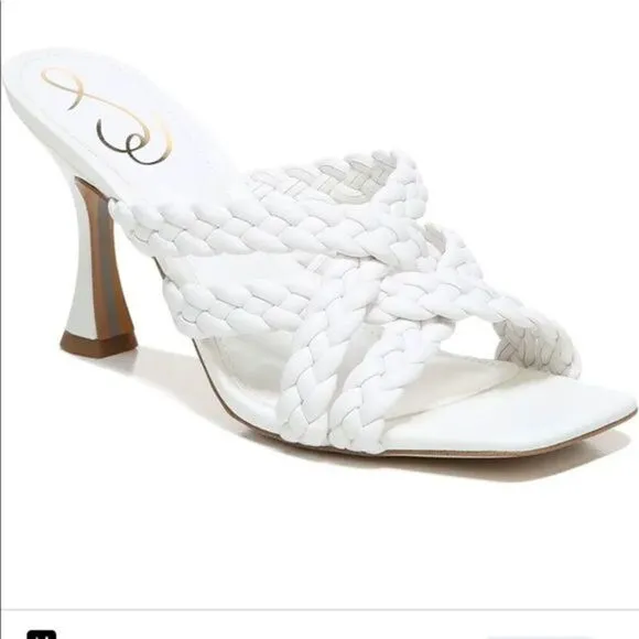 Sam Edelman Marjorie Braided Leather Heels Open Square Toe White Slides US 7 NEW