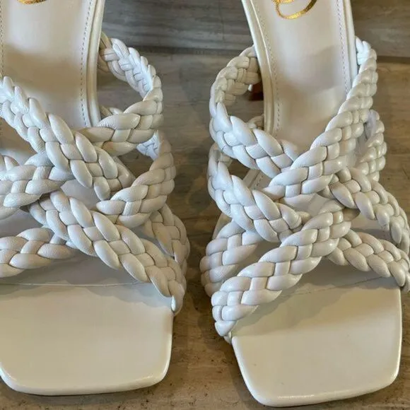 Sam Edelman Marjorie Braided Leather Heels Open Square Toe White Slides US 7 NEW