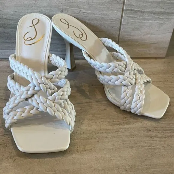 Sam Edelman Marjorie Braided Leather Heels Open Square Toe White Slides US 7 NEW