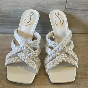 Sam Edelman Marjorie Braided Leather Heels Open Square Toe White Slides US 7 NEW