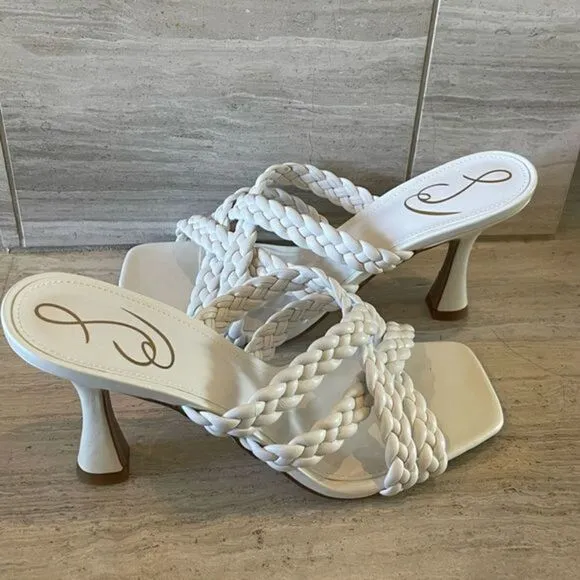 Sam Edelman Marjorie Braided Leather Heels Open Square Toe White Slides US 7 NEW