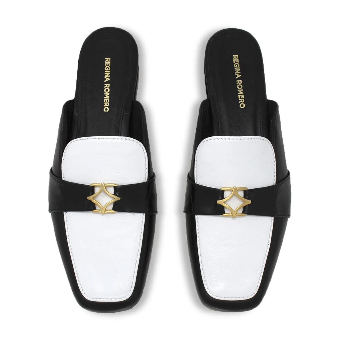 SAMMY - Negro y Blanco Regina Romero Zapato Flat Mule de Piso Para Dama en Piel
