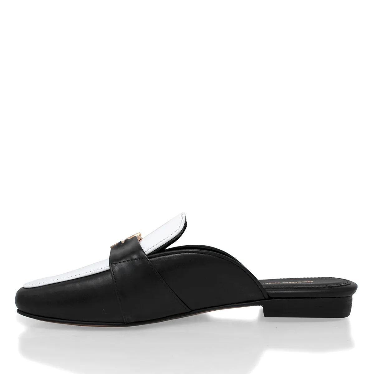 SAMMY - Negro y Blanco Regina Romero Zapato Flat Mule de Piso Para Dama en Piel