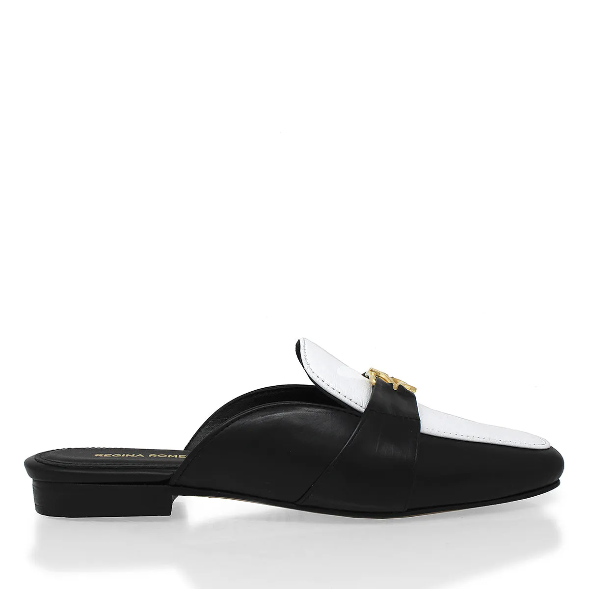 SAMMY - Negro y Blanco Regina Romero Zapato Flat Mule de Piso Para Dama en Piel