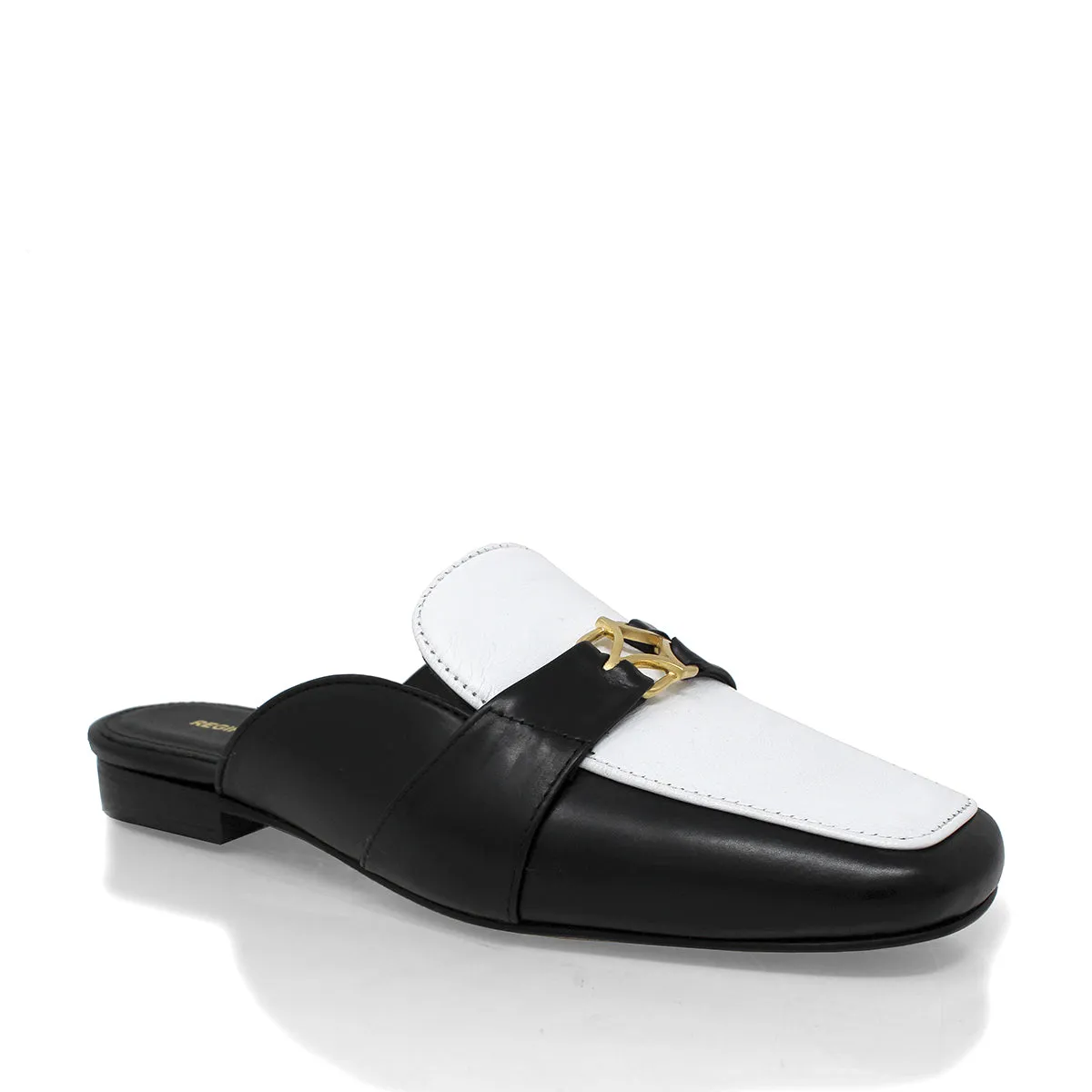 SAMMY - Negro y Blanco Regina Romero Zapato Flat Mule de Piso Para Dama en Piel