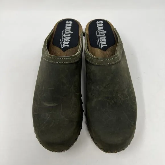 Sandgrens Womens Rome Clogs Mules Studded Block Heel Green Leather EU 39 8-8.5