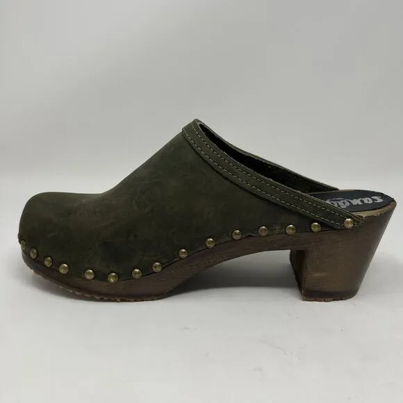 Sandgrens Womens Rome Clogs Mules Studded Block Heel Green Leather EU 39 8-8.5