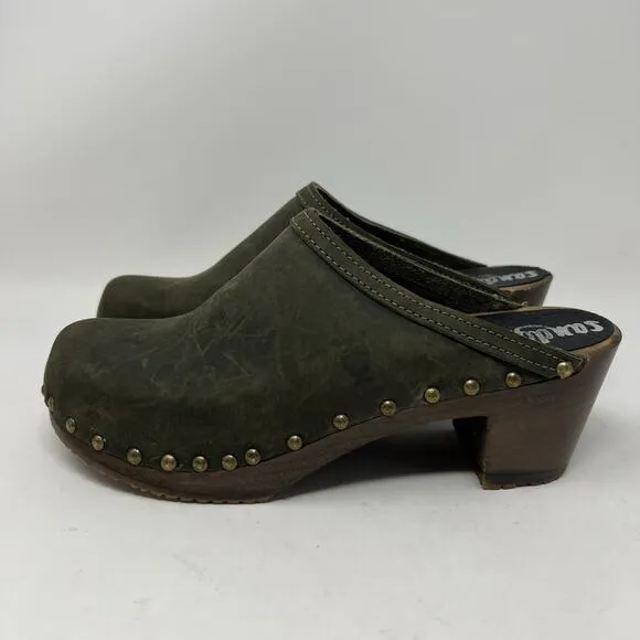 Sandgrens Womens Rome Clogs Mules Studded Block Heel Green Leather EU 39 8-8.5