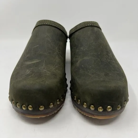 Sandgrens Womens Rome Clogs Mules Studded Block Heel Green Leather EU 39 8-8.5
