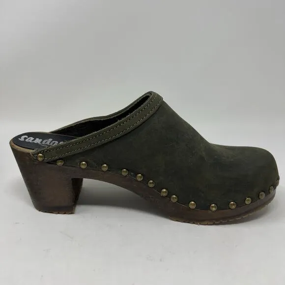 Sandgrens Womens Rome Clogs Mules Studded Block Heel Green Leather EU 39 8-8.5