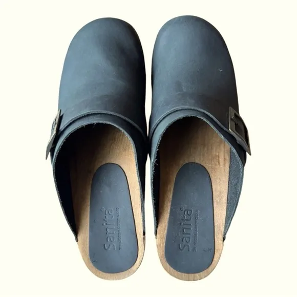 Sanita Black Leather Buckle Wood Heel Clogs Size 41 US 9.5 - 10 Mules Shoes