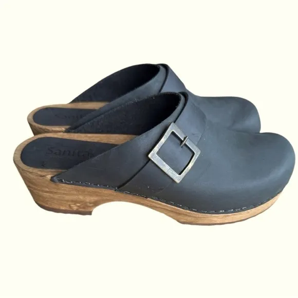 Sanita Black Leather Buckle Wood Heel Clogs Size 41 US 9.5 - 10 Mules Shoes