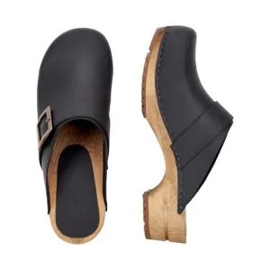 Sanita Black Leather Buckle Wood Heel Clogs Size 41 US 9.5 - 10 Mules Shoes