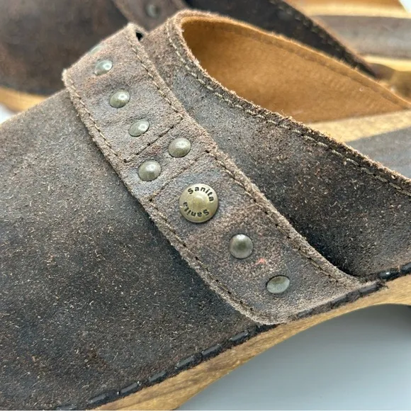 Sanita Brown Suede Oiled Leather Clogs Mules Wood Heel EU 37 US 5.5-6 Re…