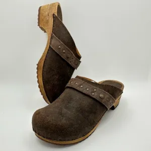 Sanita Brown Suede Oiled Leather Clogs Mules Wood Heel EU 37 US 5.5-6 Re…