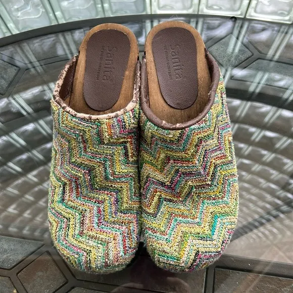 Sanita Nursing Sonja Vagna Open Textile Clog in Lime Rainbow Chevron Knit 38/7.5