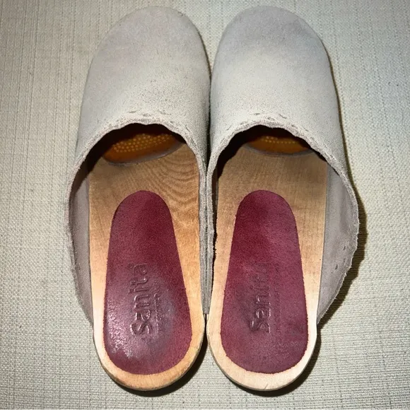 SANITA Size 37EU / 6.5 USA Tan Suede Clogs Wooden Sole Open Back Shoes Laser Cut