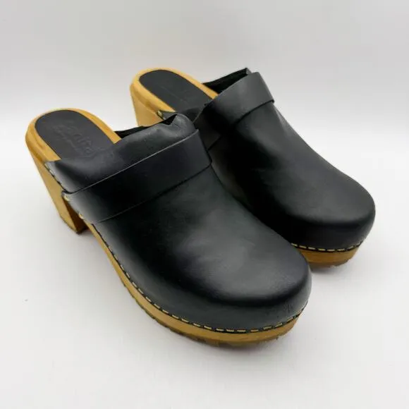Sanita Womens Peleni Wood Clogs EU 40 US 9.5-10 Black Leather Wood Heels NIB