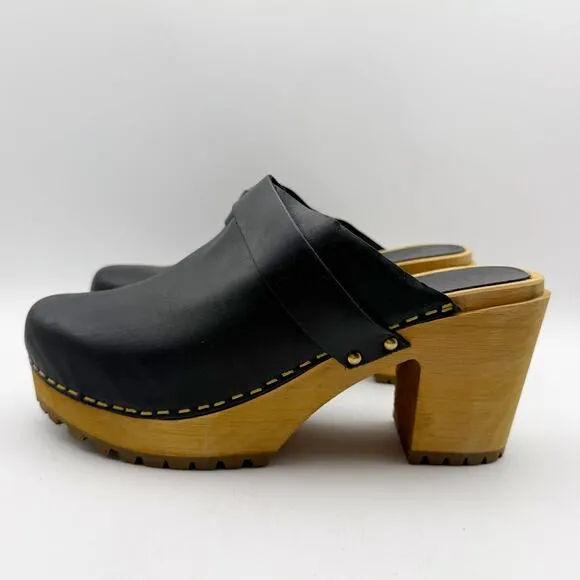 Sanita Womens Peleni Wood Clogs EU 40 US 9.5-10 Black Leather Wood Heels NIB