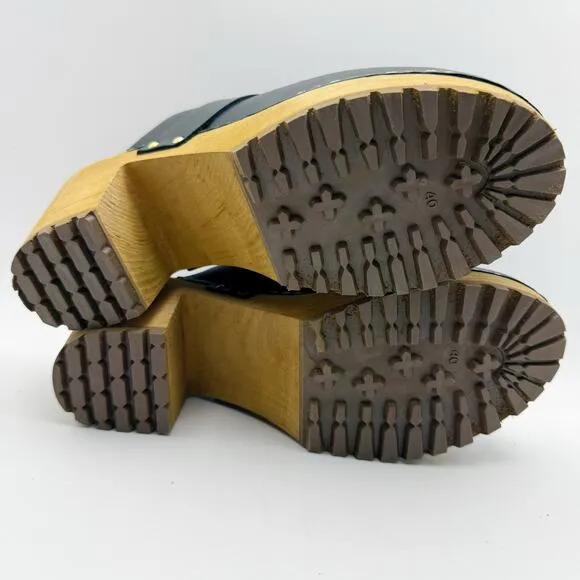 Sanita Womens Peleni Wood Clogs EU 40 US 9.5-10 Black Leather Wood Heels NIB