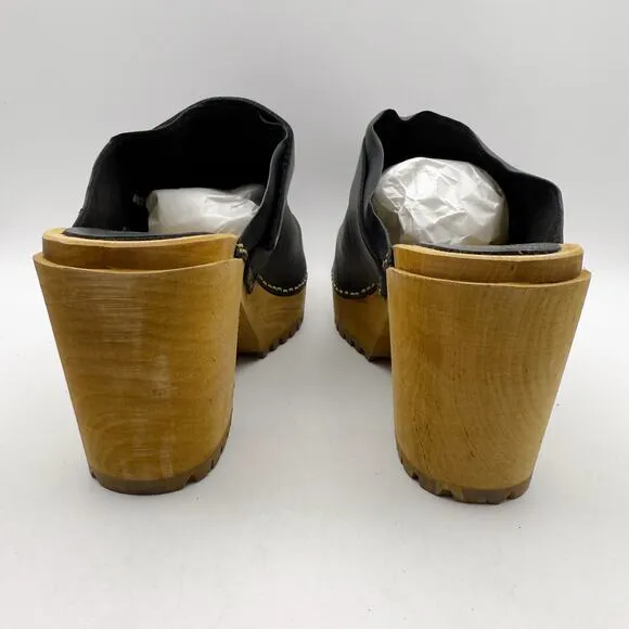 Sanita Womens Peleni Wood Clogs EU 40 US 9.5-10 Black Leather Wood Heels NIB