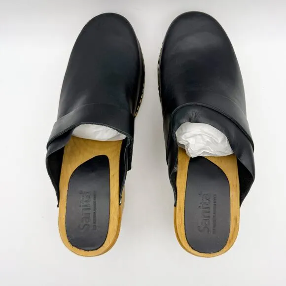 Sanita Womens Peleni Wood Clogs EU 40 US 9.5-10 Black Leather Wood Heels NIB