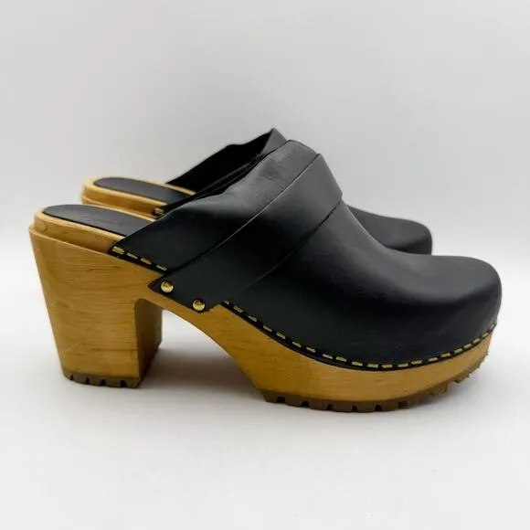 Sanita Womens Peleni Wood Clogs EU 40 US 9.5-10 Black Leather Wood Heels NIB
