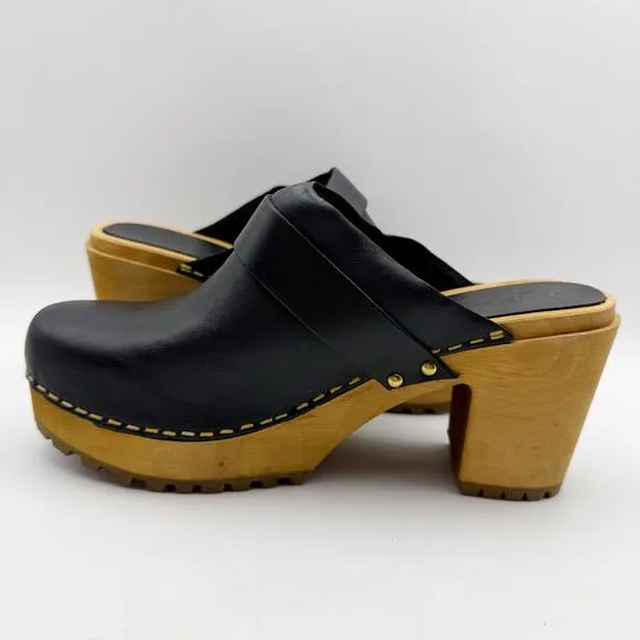Sanita Womens Peleni Wood Clogs EU 40 US 9.5-10 Black Leather Wood Heels NIB