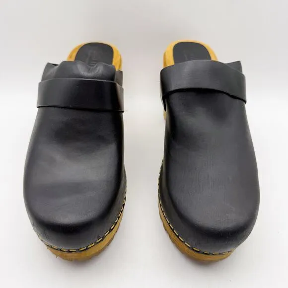 Sanita Womens Peleni Wood Clogs EU 40 US 9.5-10 Black Leather Wood Heels NIB