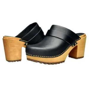 Sanita Womens Peleni Wood Clogs EU 40 US 9.5-10 Black Leather Wood Heels NIB