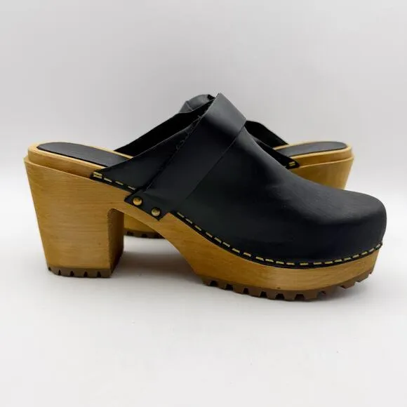 Sanita Womens Peleni Wood Clogs EU 40 US 9.5-10 Black Leather Wood Heels NIB