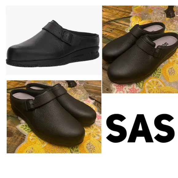 SAS Clog Non Slip Loafer In Black Pebbled Leather Size 11WW Double Wide