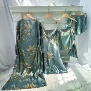 Satin Pajama Lingerie Set of 4 Pieces Robe Slip Cami Top Shorts