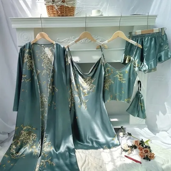 Satin Pajama Lingerie Set of 4 Pieces Robe Slip Cami Top Shorts