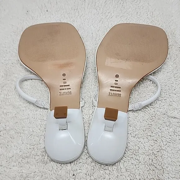 🐲SCHUTZ🐲 AGATHA MID SQUARE TOE WHITE LEATHER LADIE 6 CROME KITTEN HEELS NWOB