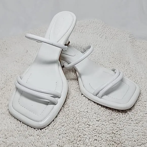 🐲SCHUTZ🐲 AGATHA MID SQUARE TOE WHITE LEATHER LADIE 6 CROME KITTEN HEELS NWOB
