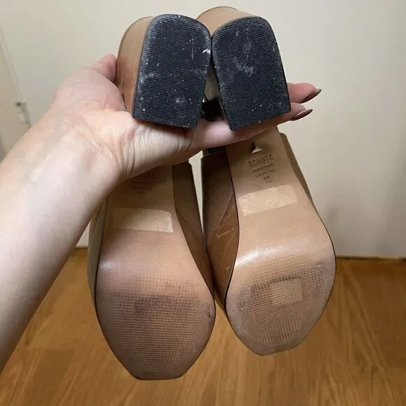 SCHUTZ Brown Soft Leather Peep toe slingback platform heels size US 9