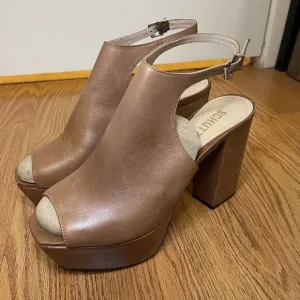SCHUTZ Brown Soft Leather Peep toe slingback platform heels size US 9
