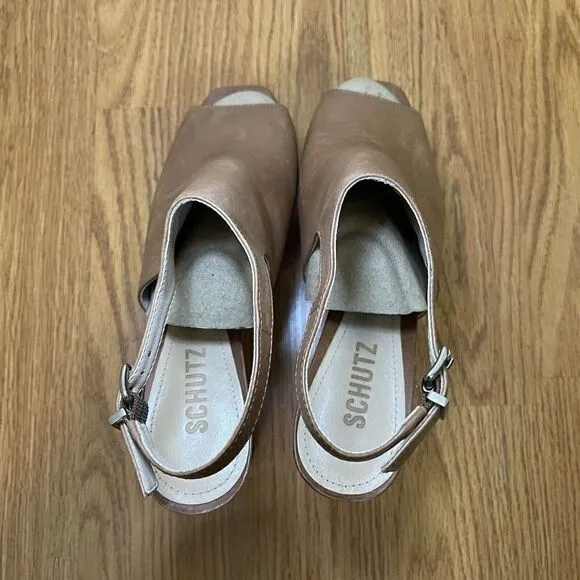 SCHUTZ Brown Soft Leather Peep toe slingback platform heels size US 9