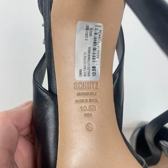 Schutz Emma Black Leather and Clear Vinyl Pointed-Toe Slingback Pumps size 10.5
