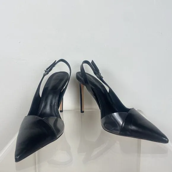Schutz Emma Black Leather and Clear Vinyl Pointed-Toe Slingback Pumps size 10.5
