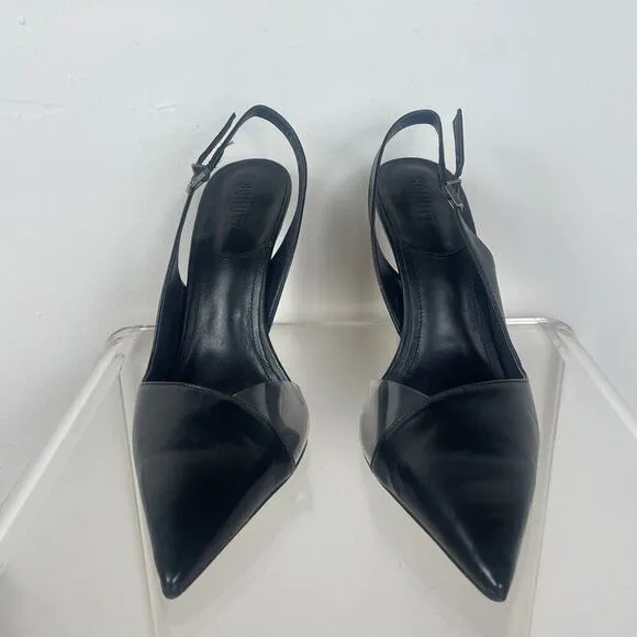 Schutz Emma Black Leather and Clear Vinyl Pointed-Toe Slingback Pumps size 10.5