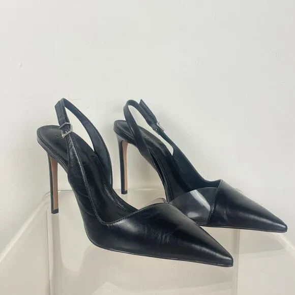 Schutz Emma Black Leather and Clear Vinyl Pointed-Toe Slingback Pumps size 10.5