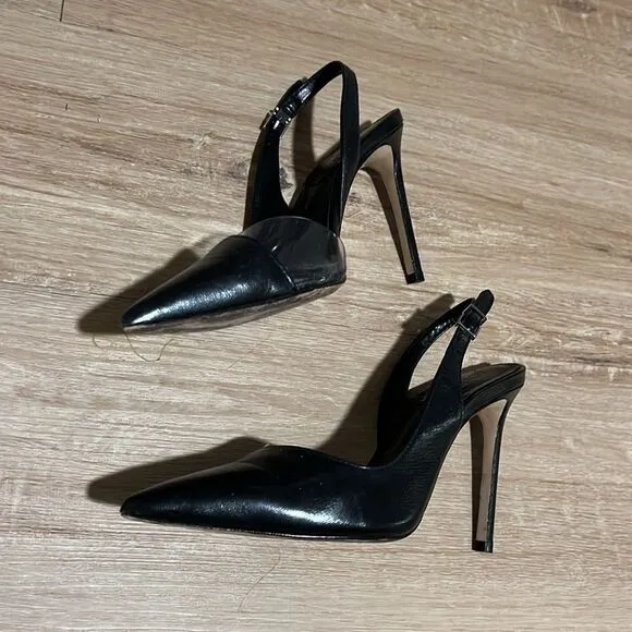 Schutz • Emma Black Leather and Clear Vinyl Pointed-Toe Slingback Pumps